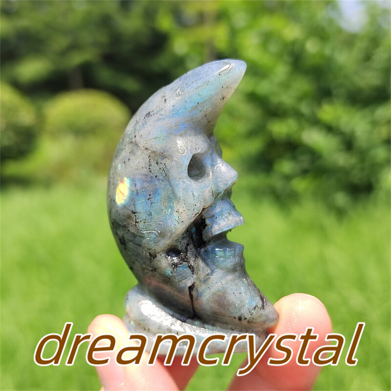 2.2″ Natural Labradorite Skull Carved Quartz Crystal Moon Reiki Sculpture 1pc
