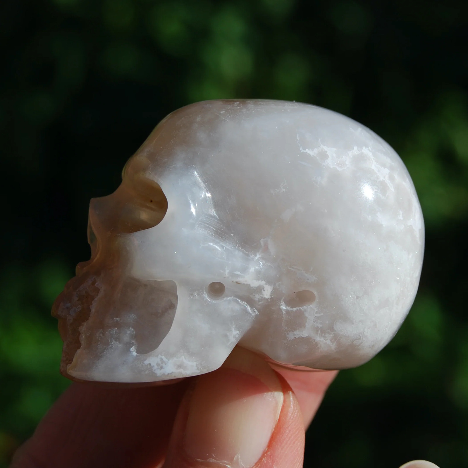 2in Sakura Flower Agate Carved Crystal Skull, Realistic Peach White Flower Agate