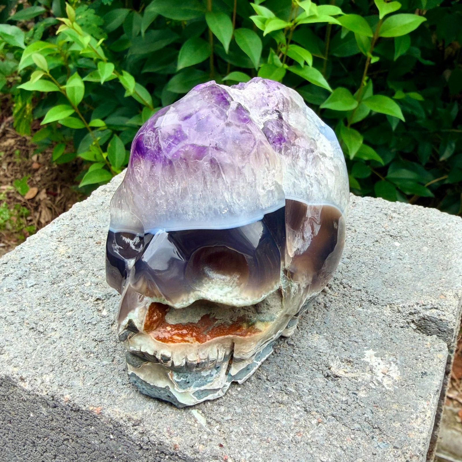1.84LB Amethyst agate crystal cave skull, Rare hand carved skull specimen