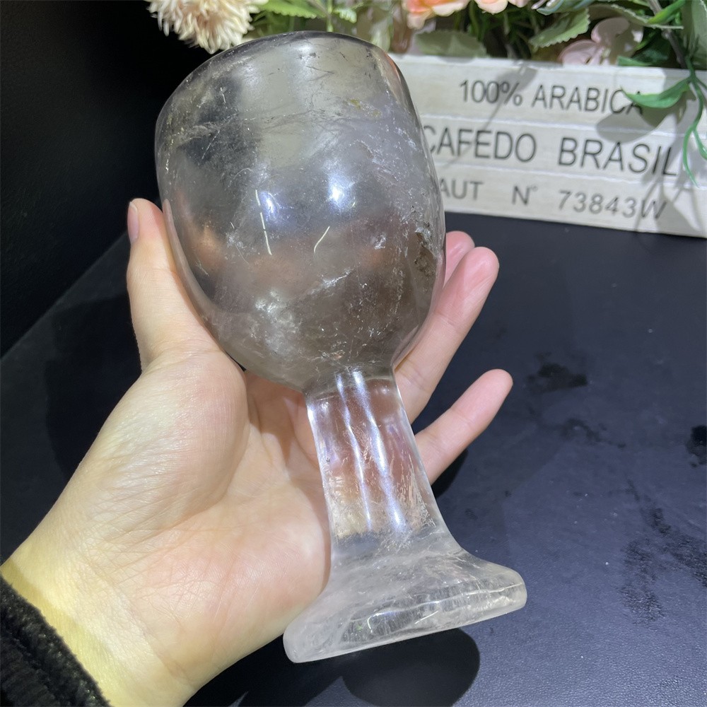 1.4LB 5.9″Natural Smoky Quartz Wine Glass Crystal Reiki Heal Carving Gift Decor