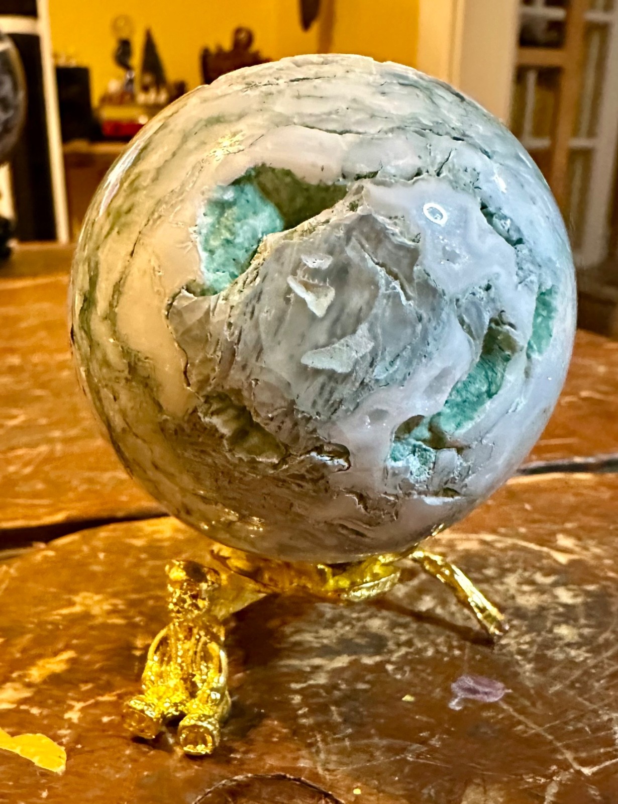 Light green moss agate crystal sphere with gold metal stand Free shipping
