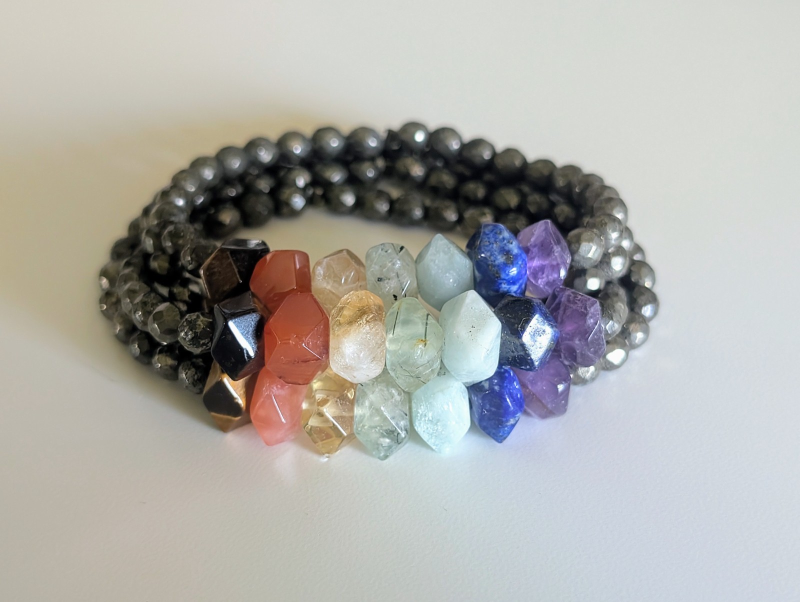 7 Chakra Bracelet Sm/Med Tigers Eye Carnelian Citrine Prehnite Lapis Lazuli