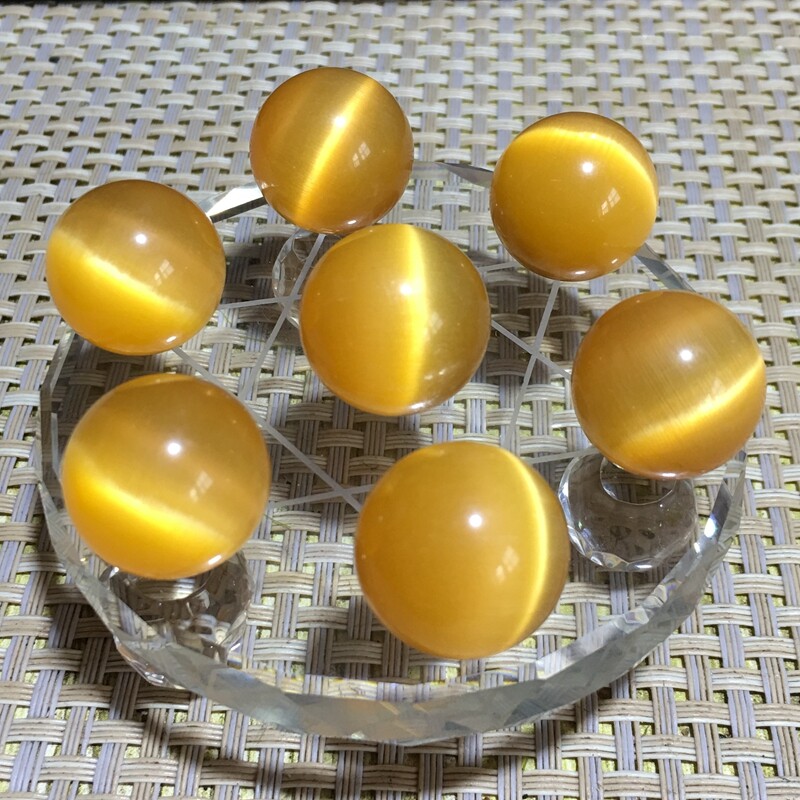 7pcs 20mm Grade A yellow Glass cat’s eye ball Sphere healing crystal +base r608