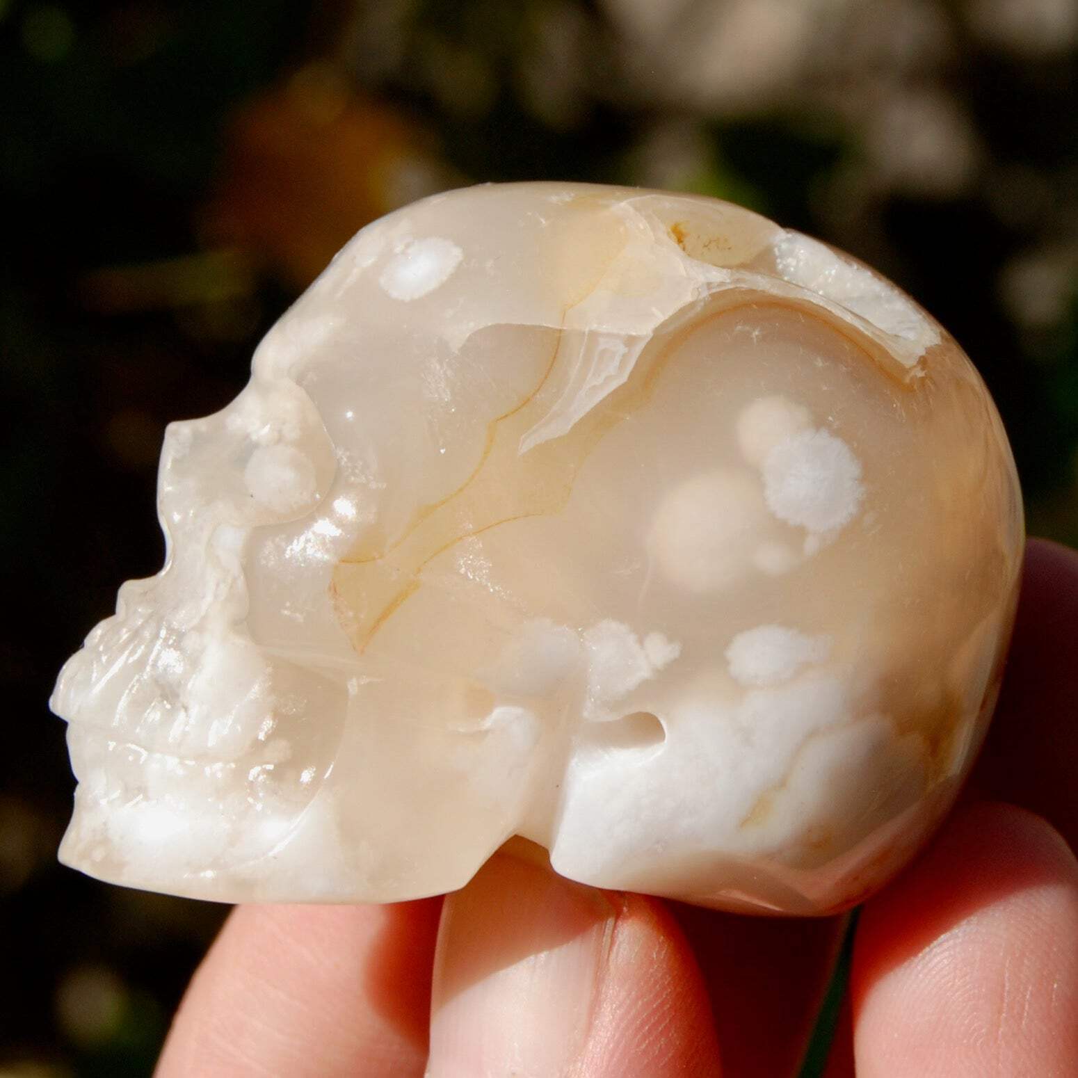 2in Sakura Flower Agate Carved Crystal Skull, Realistic Gemstone Carving