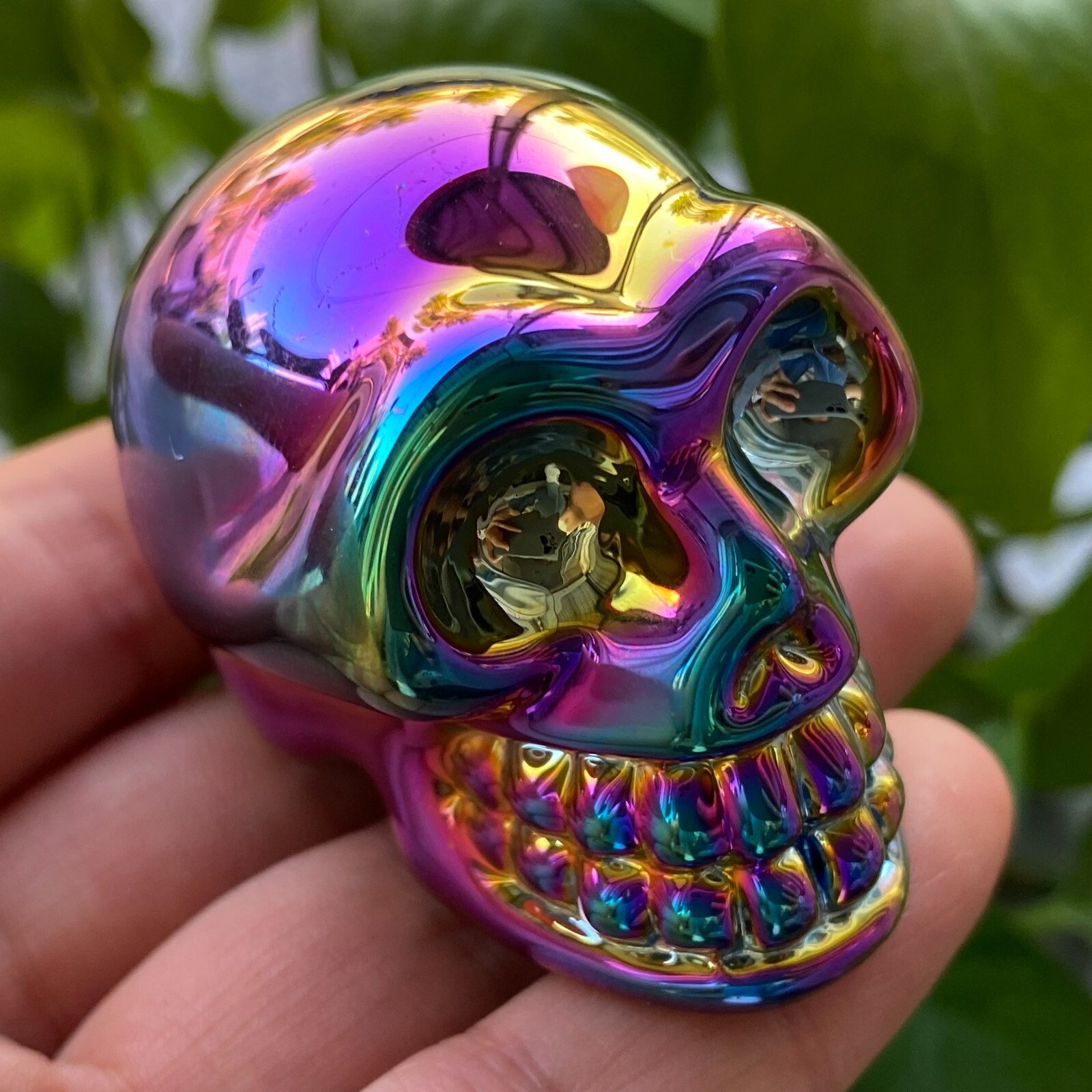2″ Natural Rainbow Titanium Quartz Hand carved skull crystal reiki healing 1PC