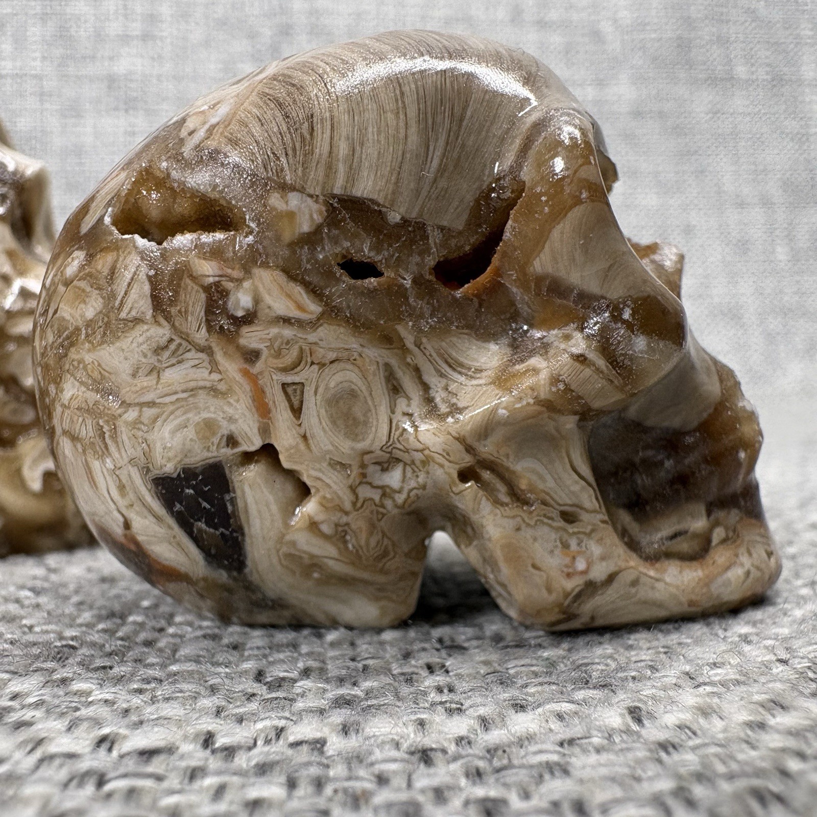 Amber Agate Crystal Skull Set 3pc Druzy Hand Carved Polished Stone Brown