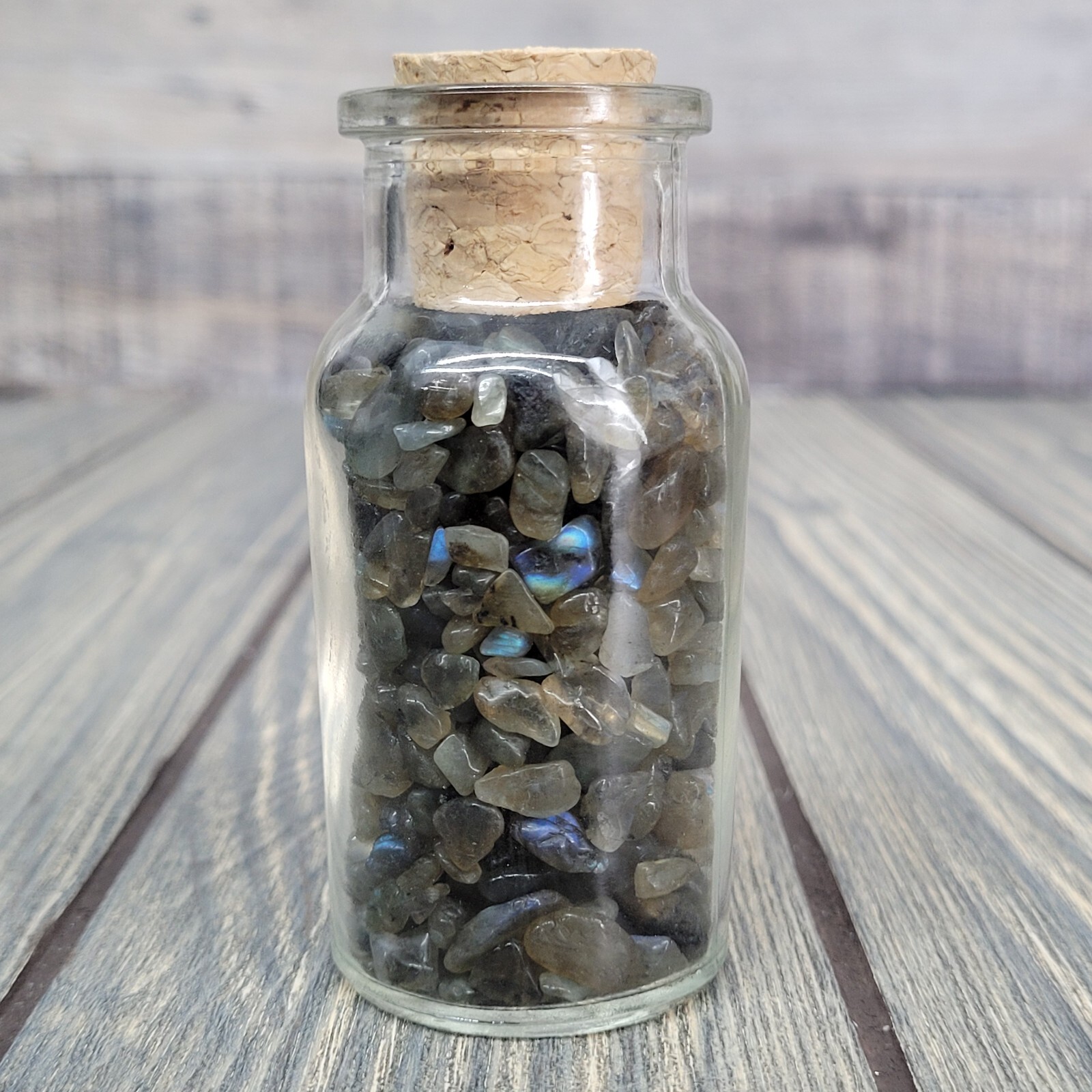Labradorite 1/4lb Tumbled Crystal Chips in Vintage Apothecary Glass Jar Wagner