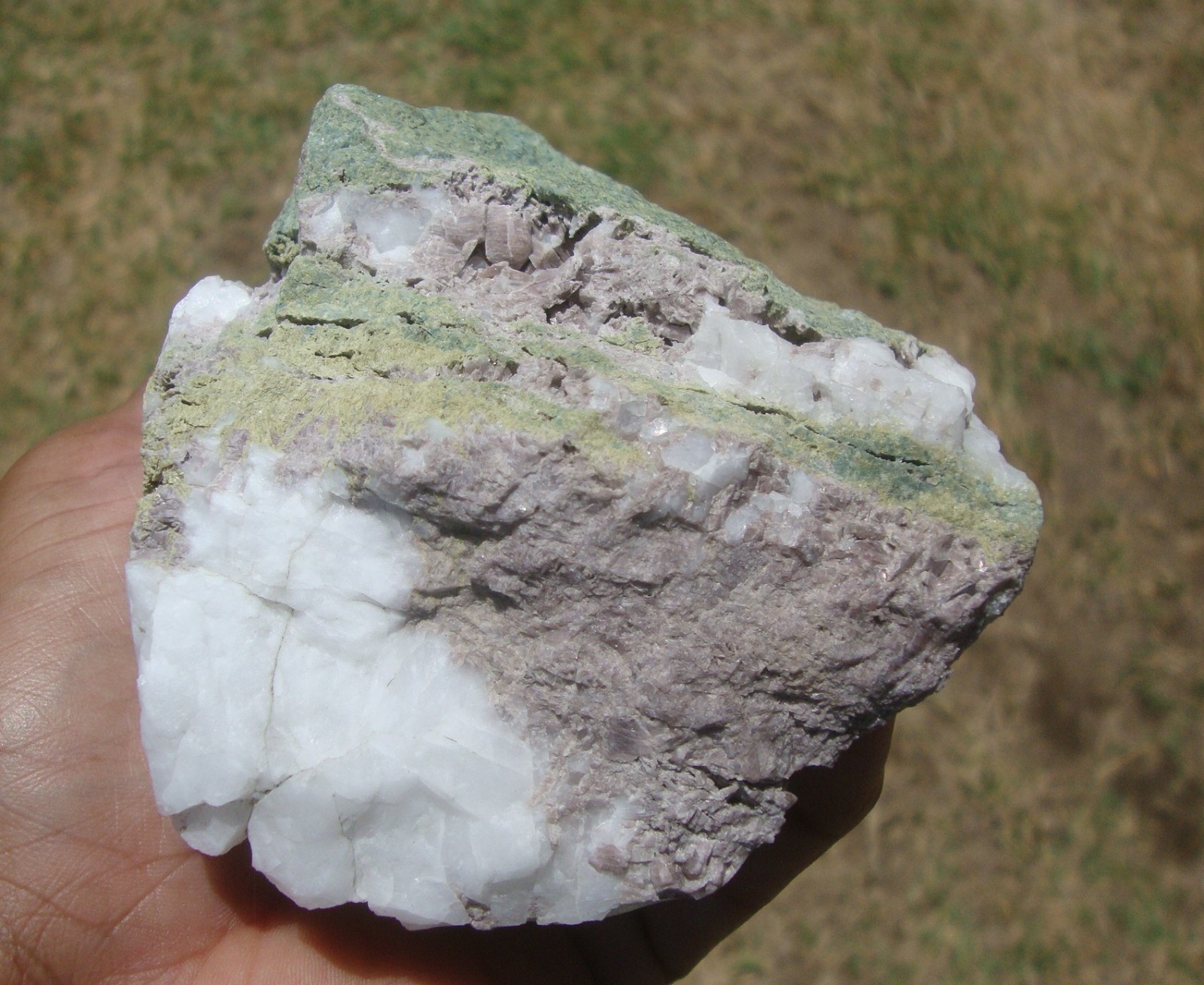 Light purple Axinite, green Epidote, and white Quartz, Stanislaus Co., CA