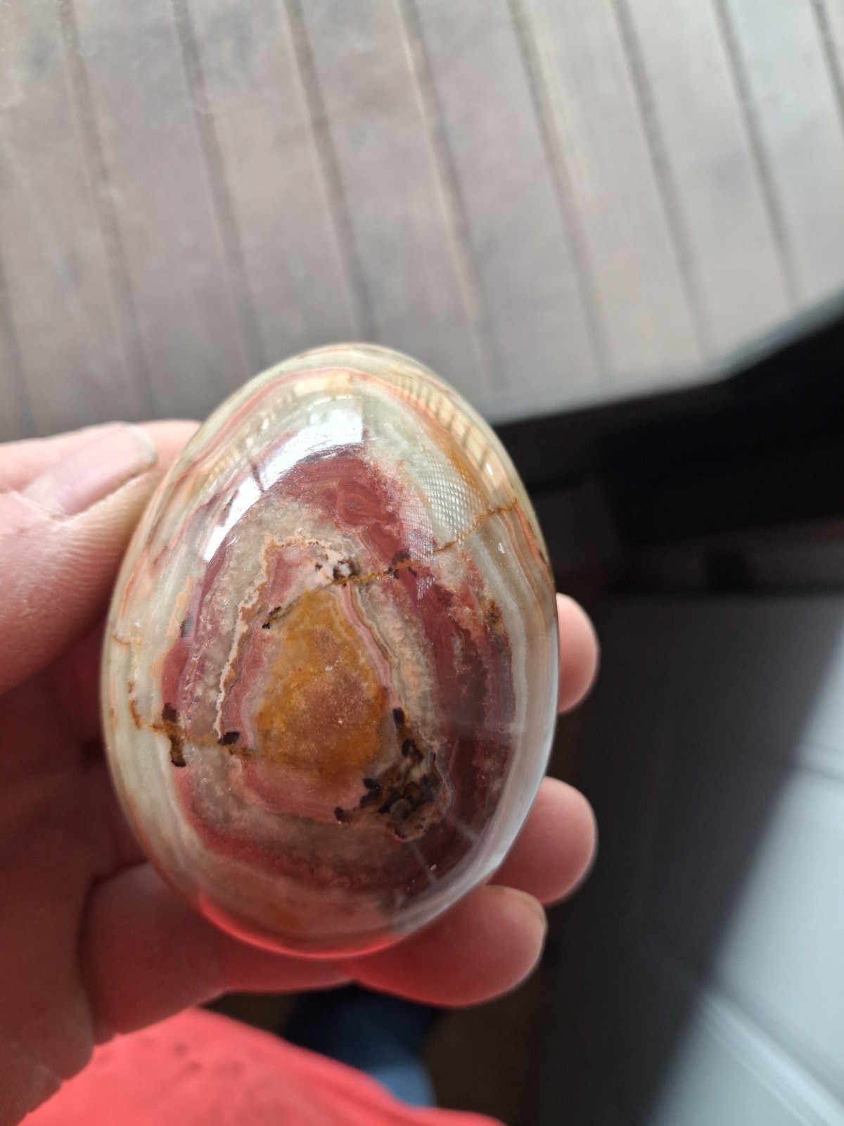 Banded Onyx Polished Egg Displayed on Hexagon Onx Base W/Wood Stand Beautiful!