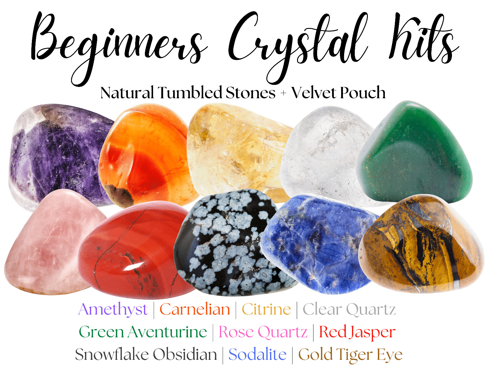 Beginners Crystal Kit, 10 pcs In Velvet Pouch – Most Popular Tumbled Crystals