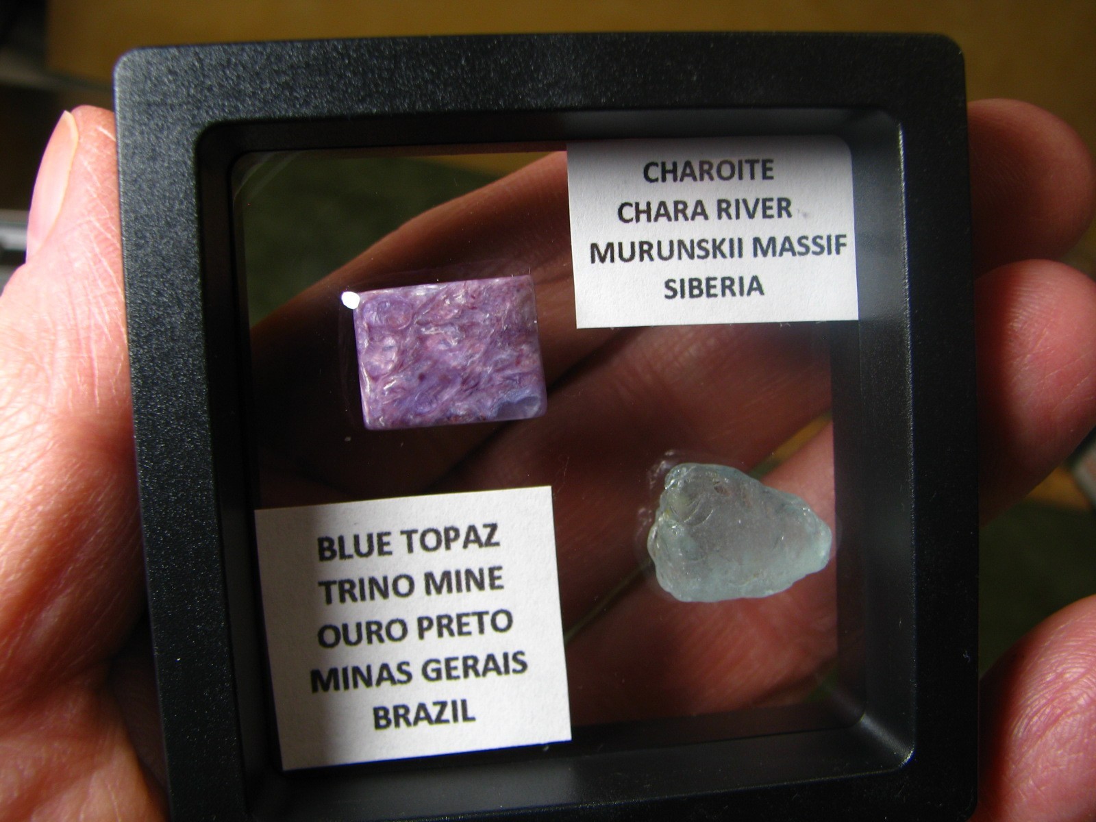 2 THUMBNAILS CHAROITE-SIBERIA BLUE TOPAZ-BRAZIL IN DISPLAY CASE #222