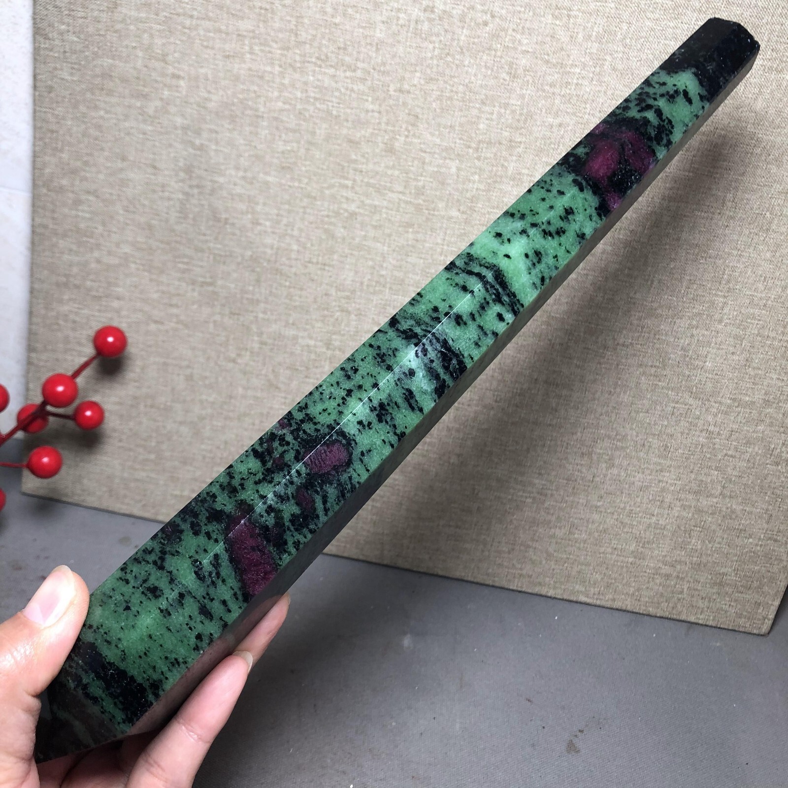 295mm Long Natural red green epidote wand Obelisk Crystal specimens 716g A4537