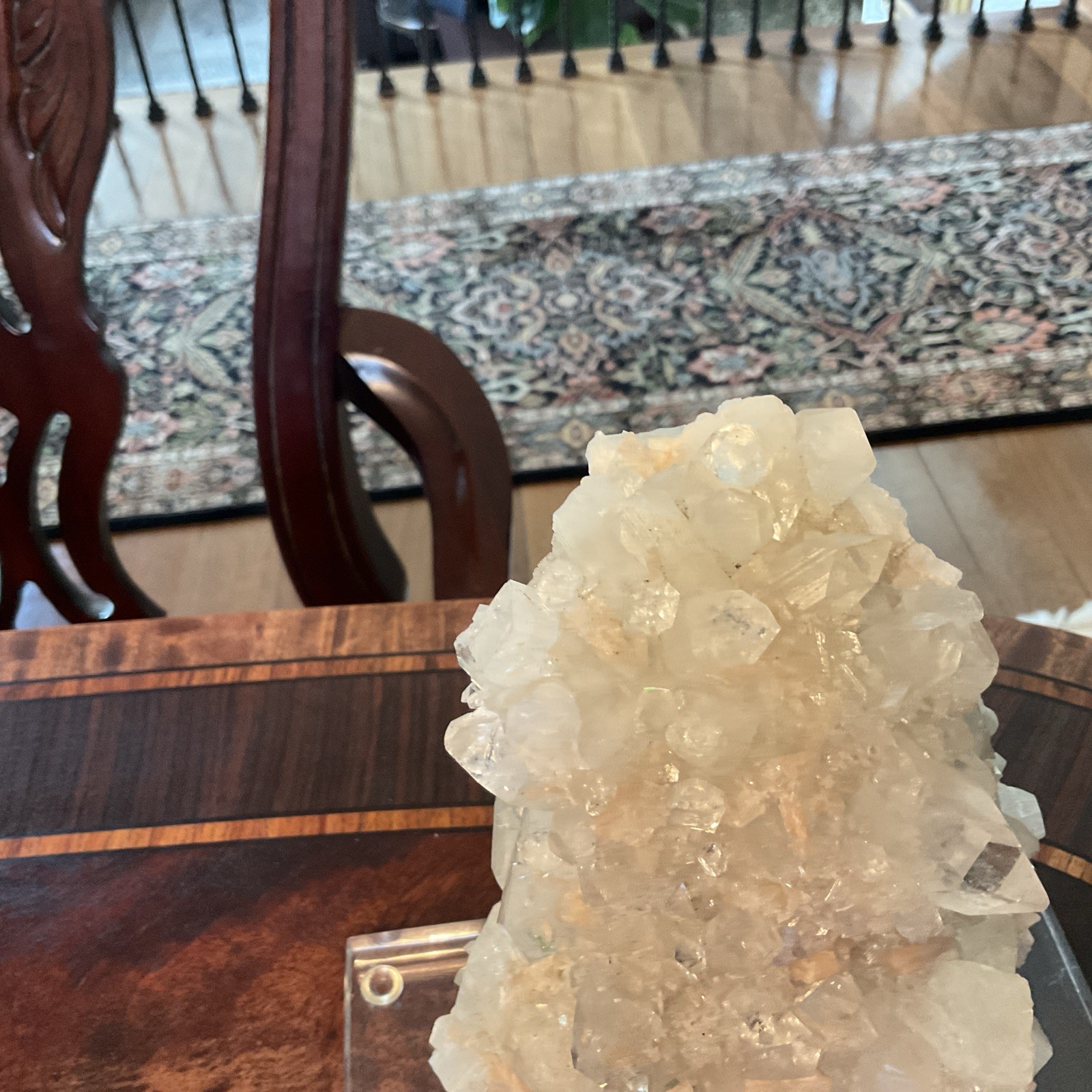 Large Quartz Crystal Cluster w/ White & Peach Minerals Lucite Display 7.5” Tall