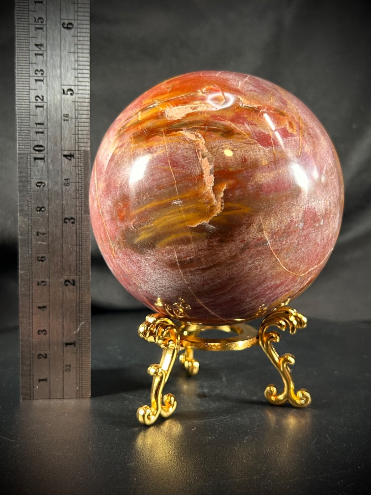 4″ Petrified Wood Sphere With Metal Stand 3lb 0.4oz (1371 grams)