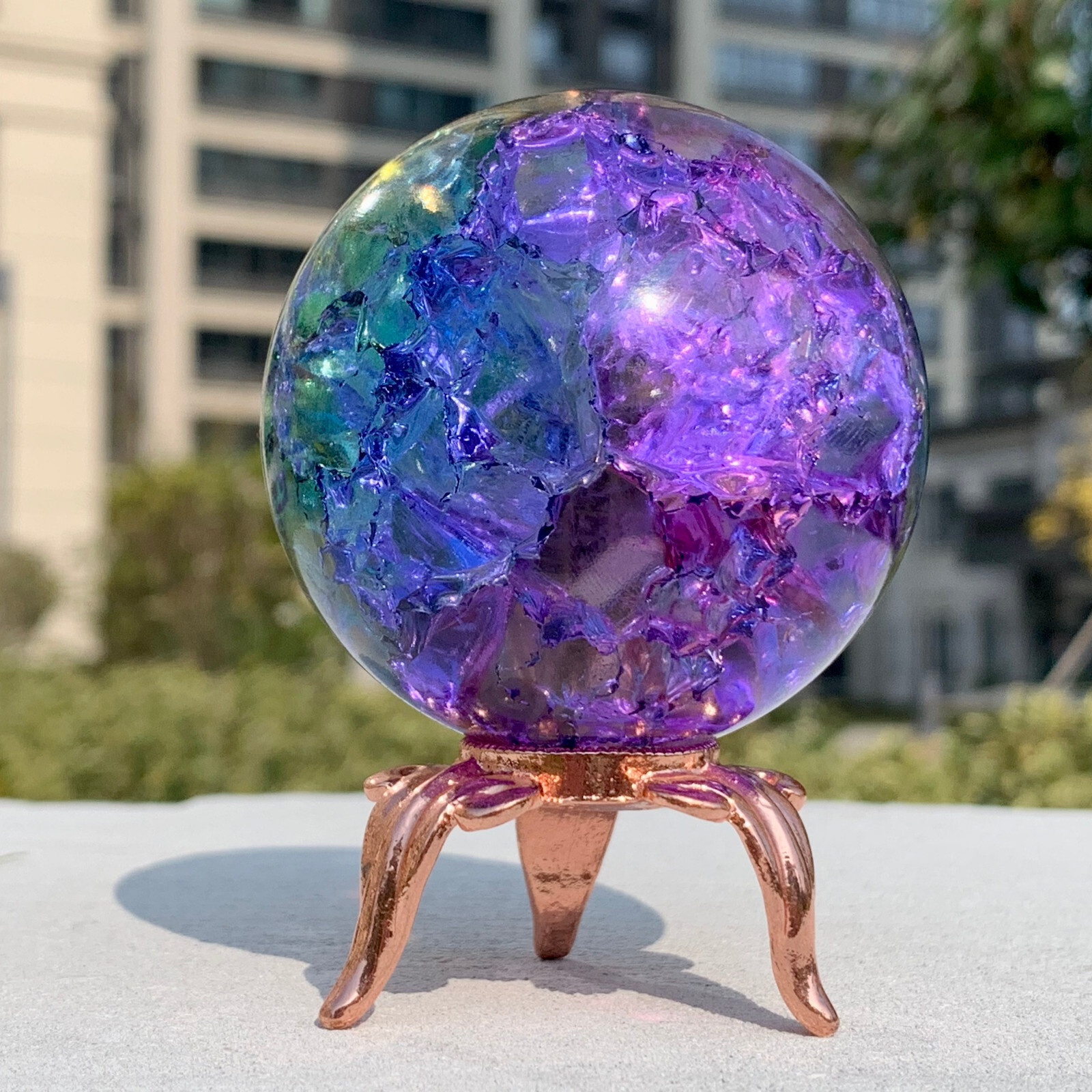 279G Natural Titanium Rainbow Quartz sphere Crystal ball Healing+stand