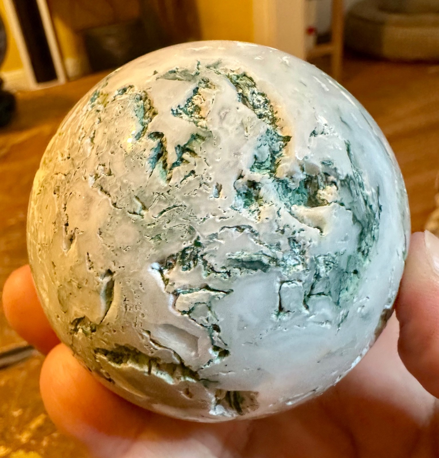 Light green moss agate crystal sphere with gold metal stand Free shipping