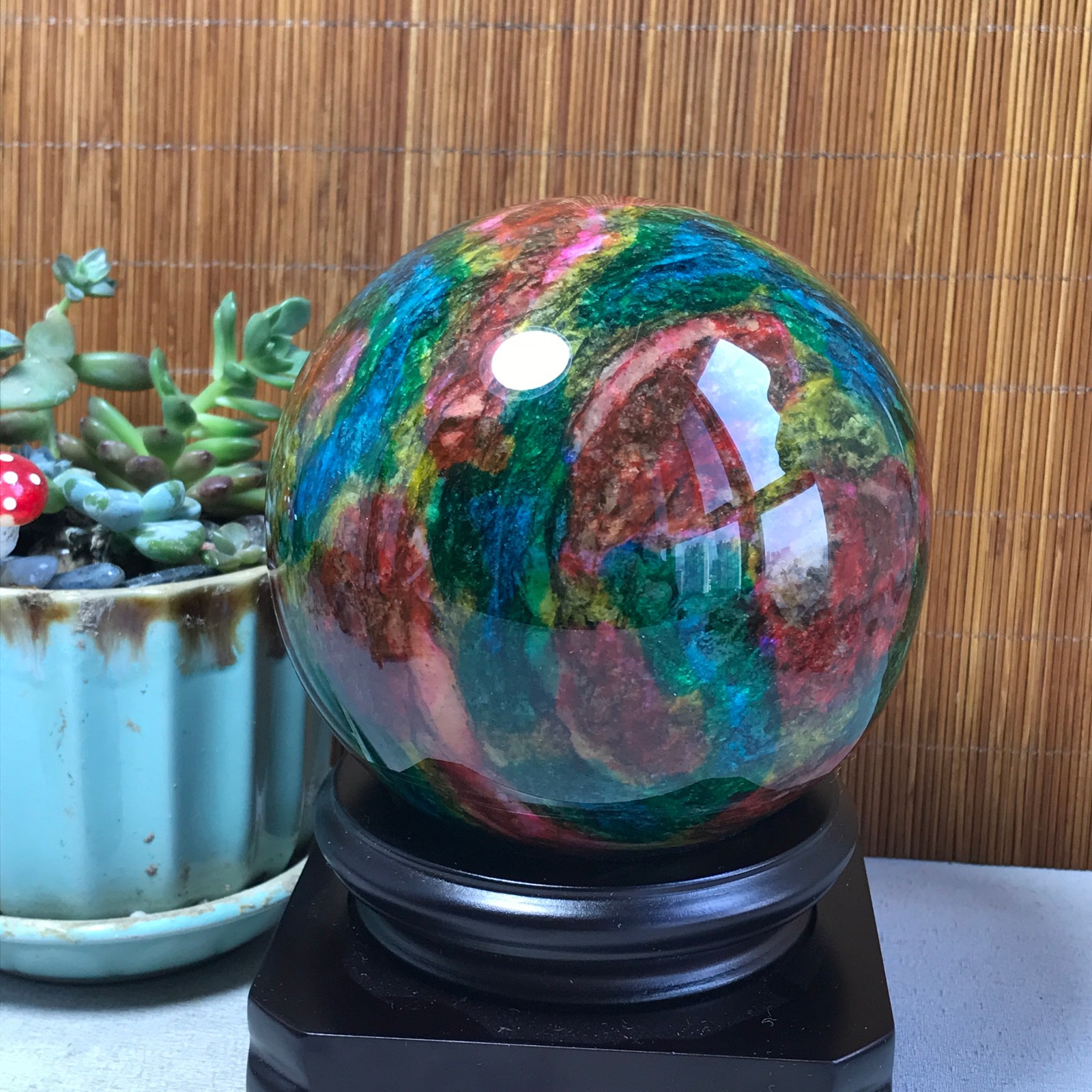 Natural “Seven Colors Jade” sphere Ball -Taiwan China 1.85kg Base Random A5808