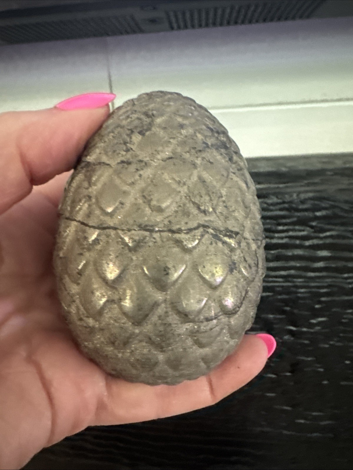 Pyrite Crystal Dragon Egg Carving 737 Grams 3.75”