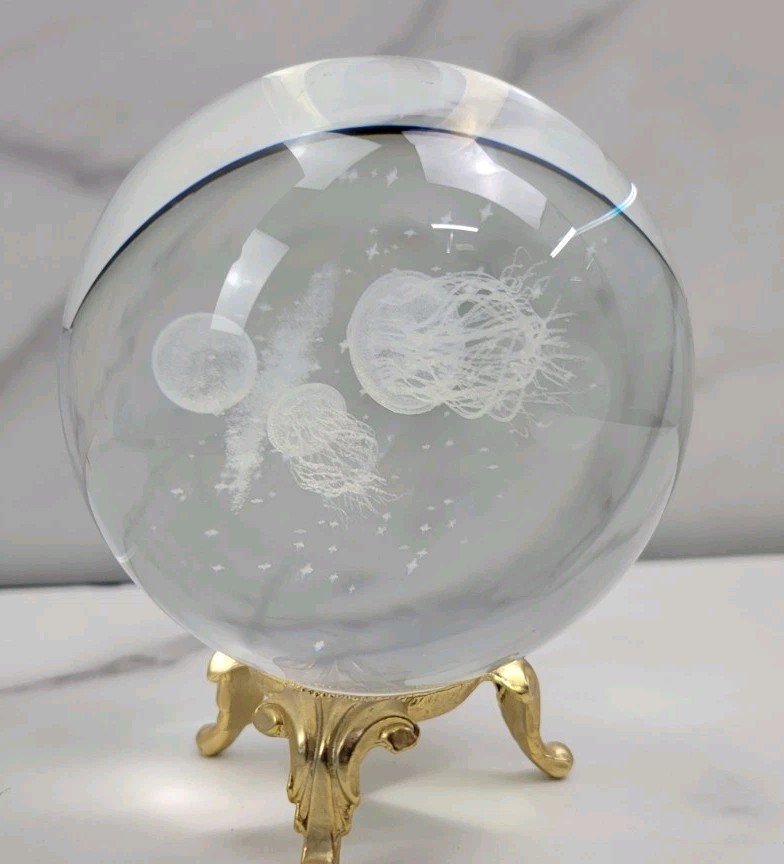 Jellyfish Crystal Ball No Stand, 3D Laser Engraved Glass Sphere Decorative Ball