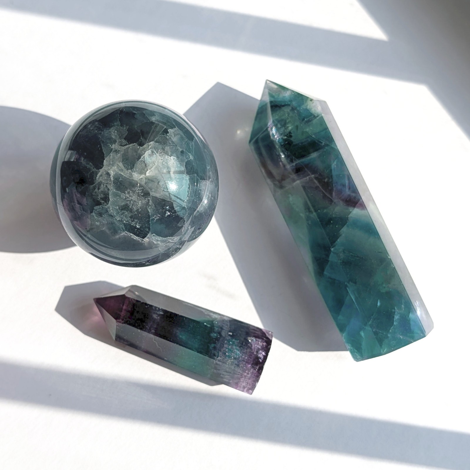 2.3″ watercolor banded fluorite tower point, purple blue teal rainbow fluorite