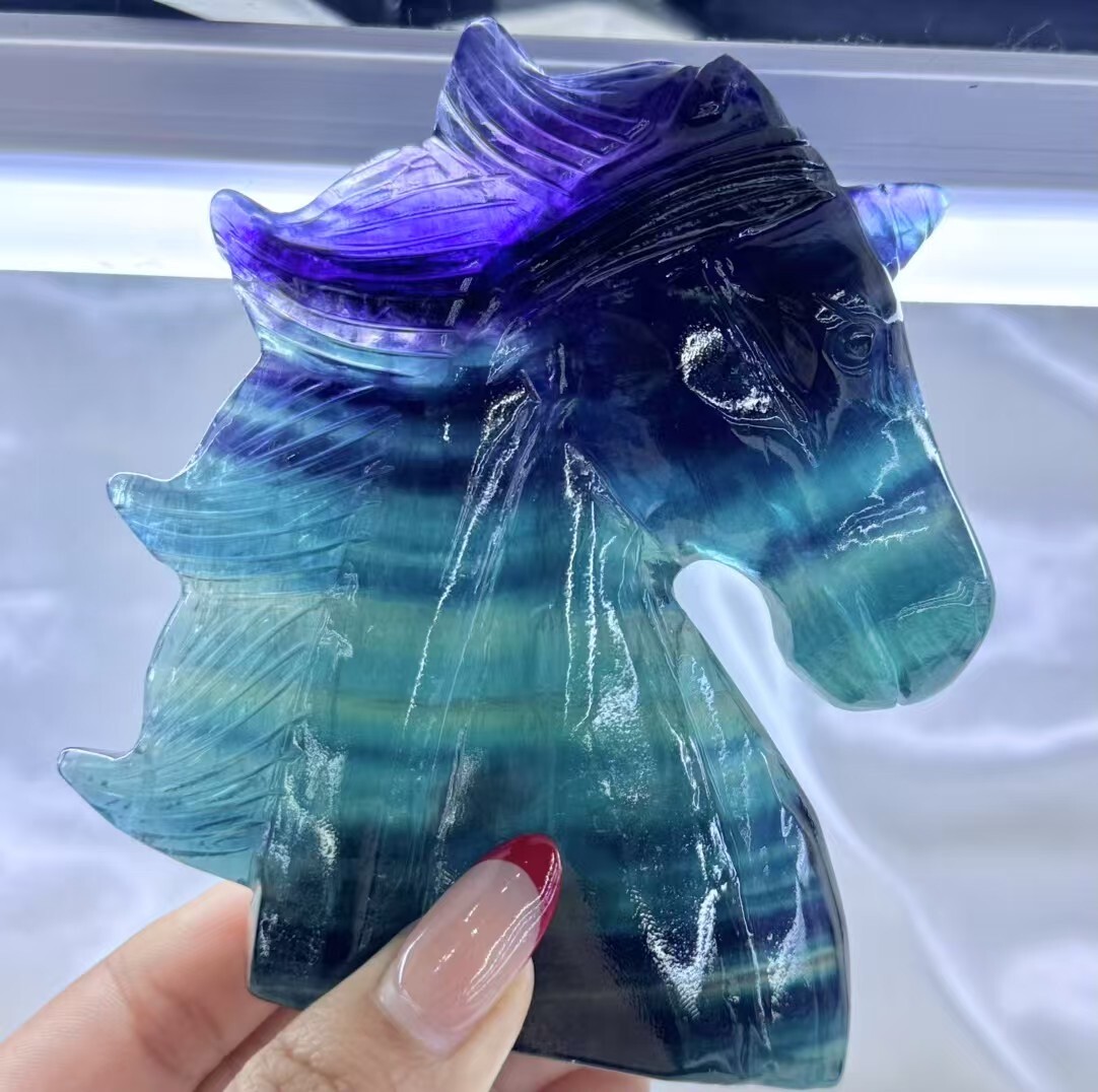 1PC Natural fluorite carved unicorn Skull quartz crystal reiki healing Gem Gift