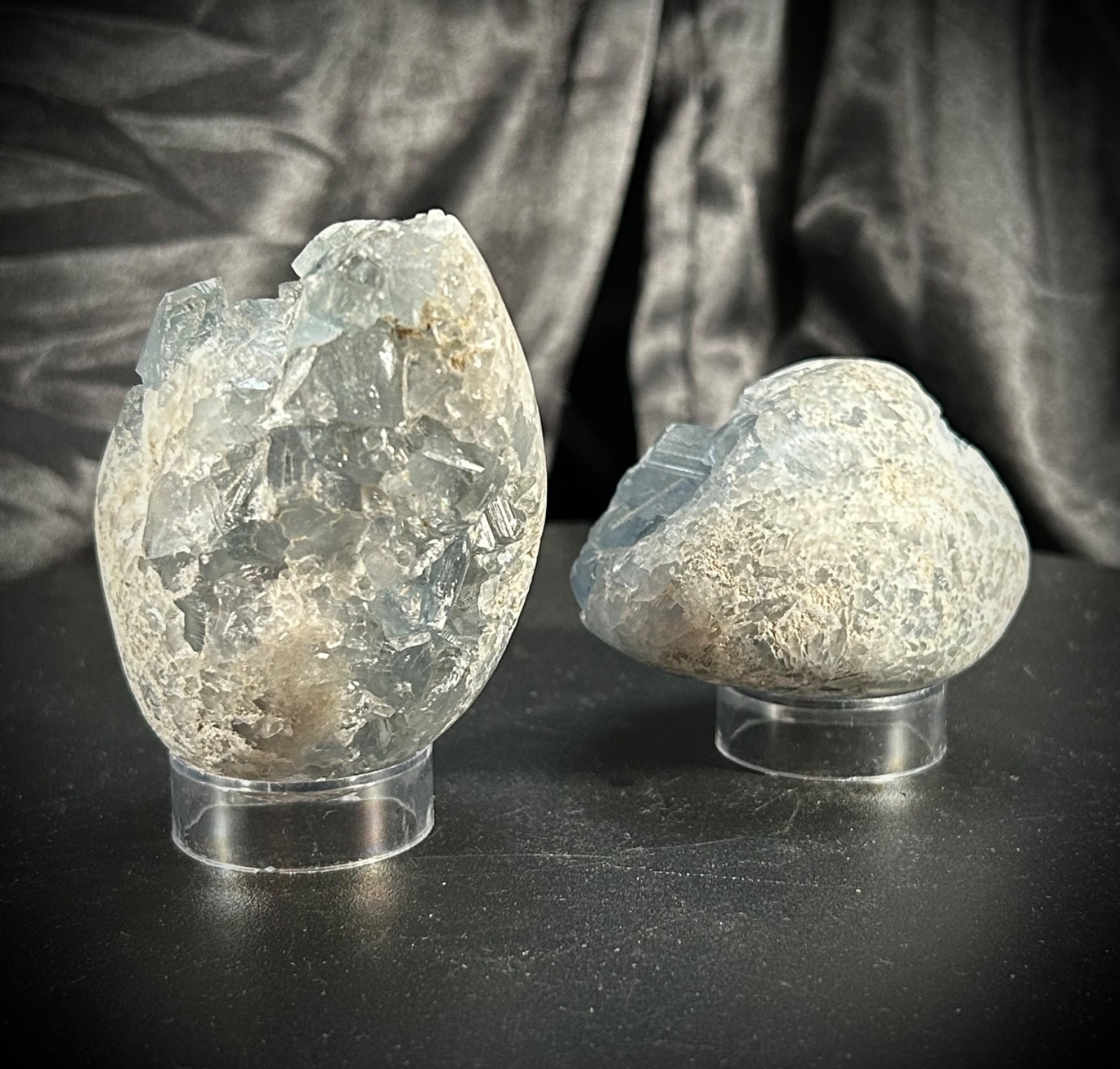Pair of Celestite Freeform Specimens with Clear Acrylic Stands 1lb 5.8oz