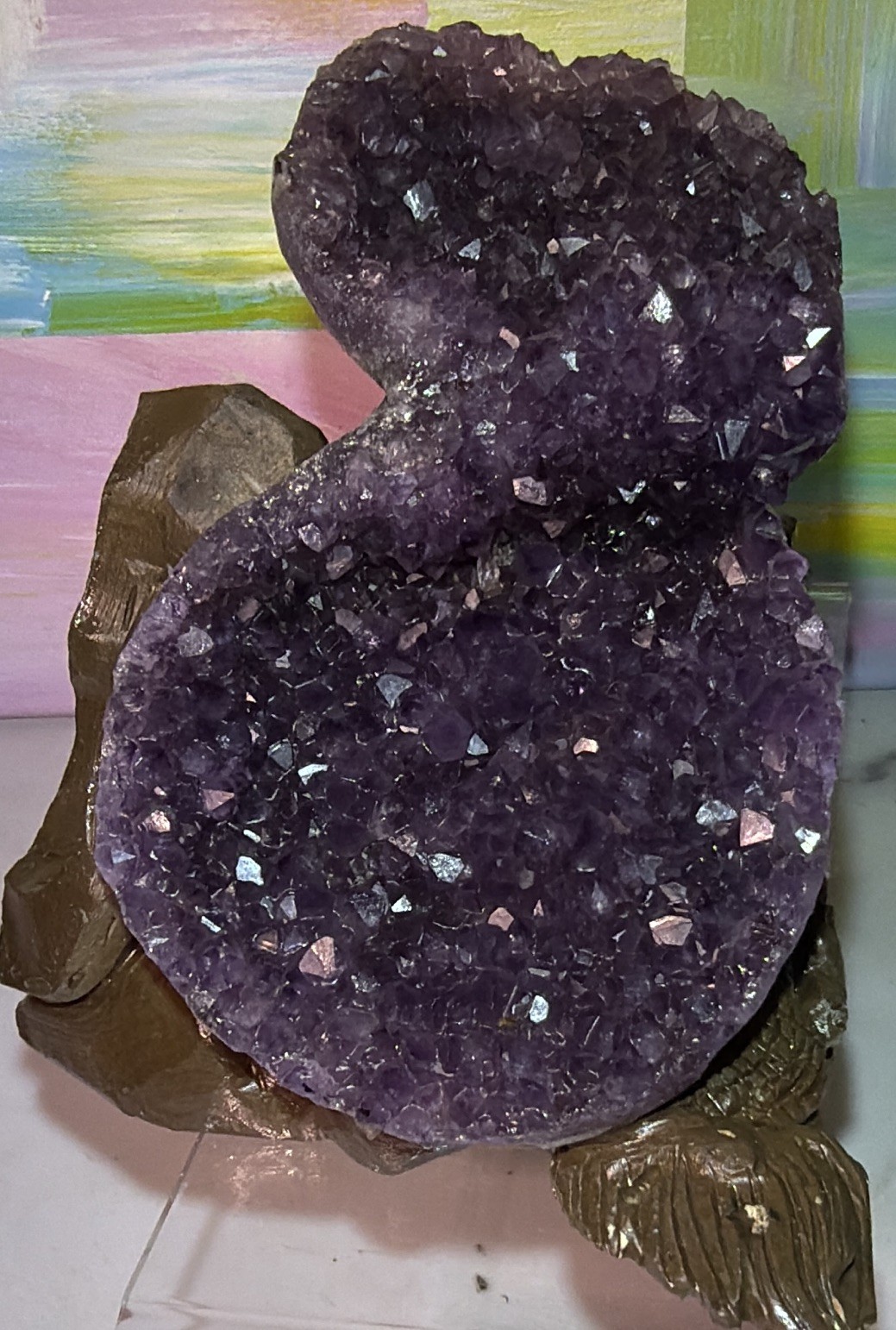 Purple Amethyst Cluster Crystal Mineral Display Specimen on Carved Dragon Stand