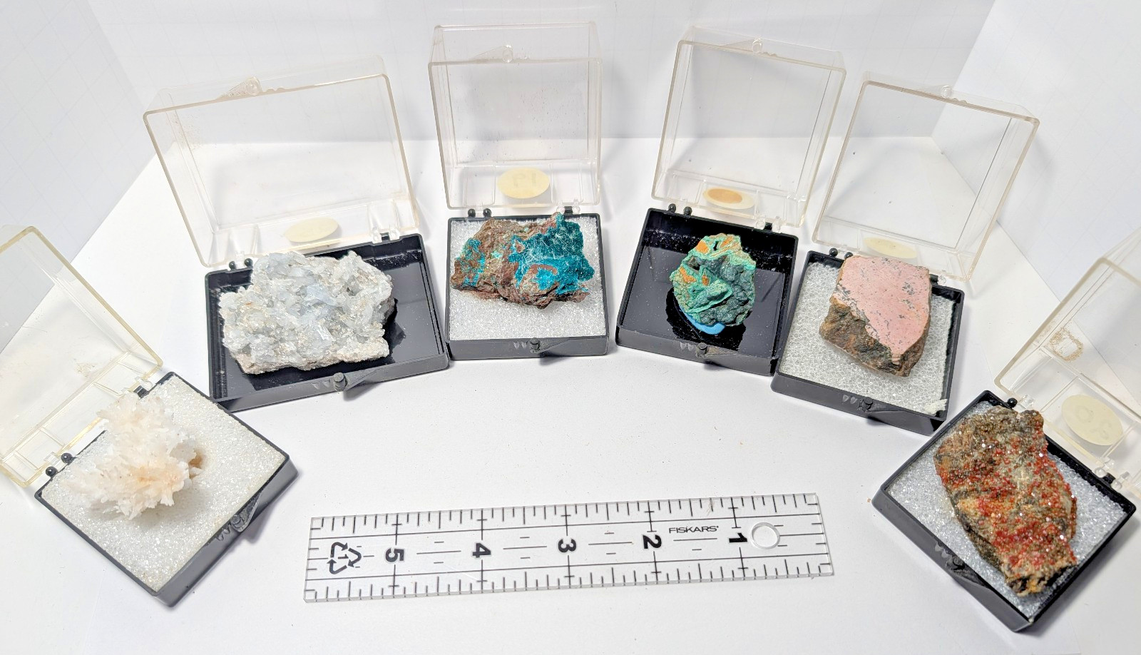 6 Piece Thumbnail Mineral Lot Celestite Vanadinite Bornite in Display Boxes