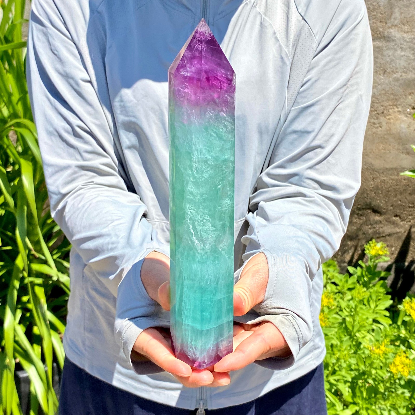 2.16LB Natural Rainbow Fluorite Obelisk Quartz Crystal Wand Tower Point Healing
