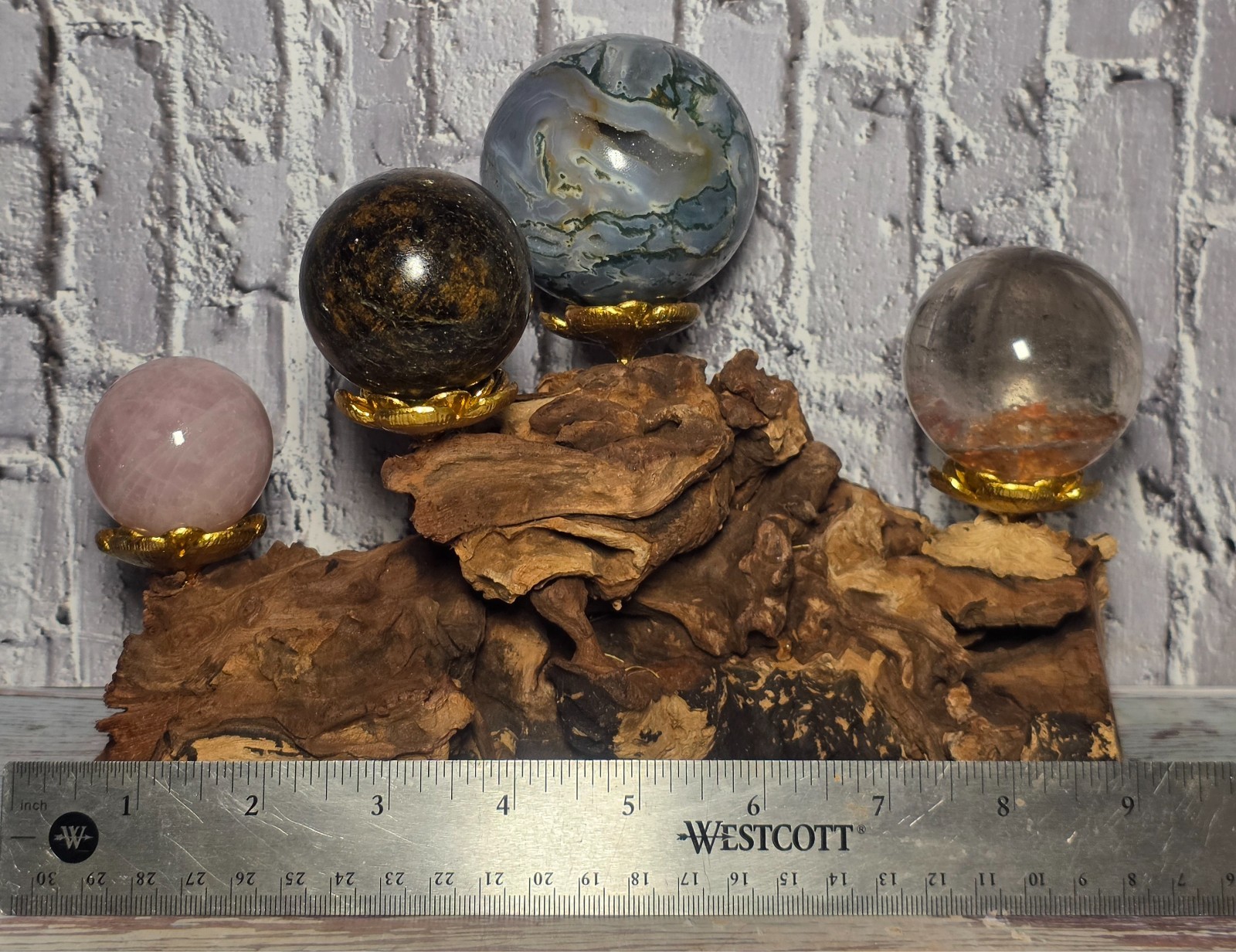 4 Crystal Sphere Display Set Moss Agate Bronzite Rose Quartz Quartz Wood Stand
