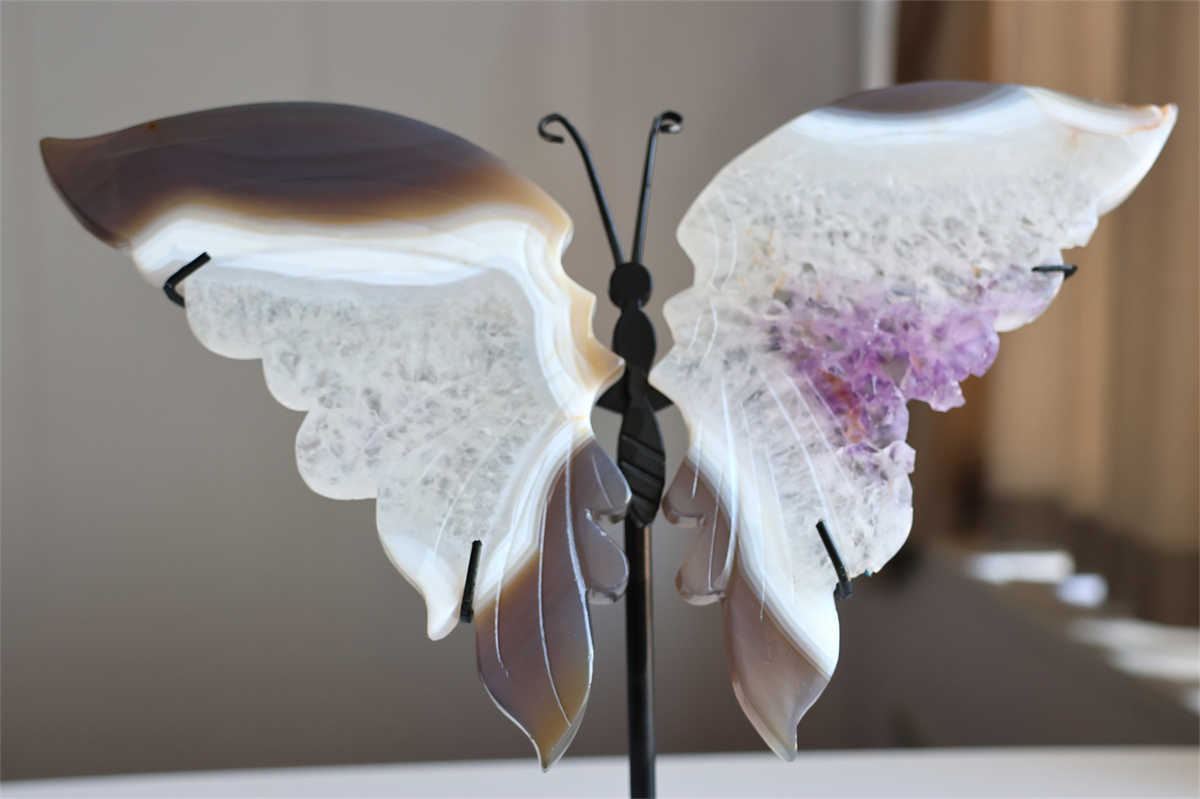 650g Natural Geode Agate Carved Butterfly Wing Reiki Crystal Decor Gift + Stand