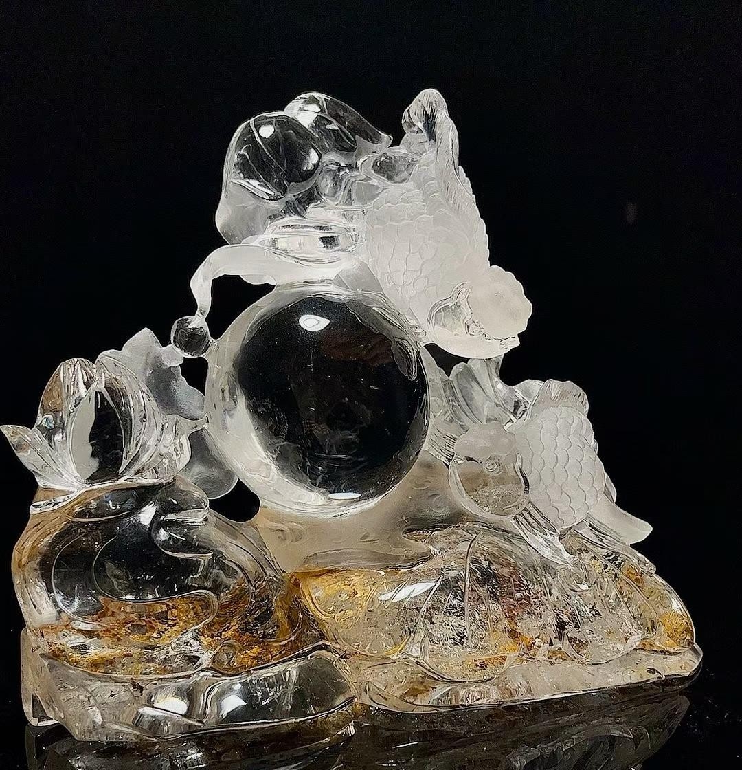 12.2LB Natural crystal fire quartz Carved fish Reiki energy Decor+Stand