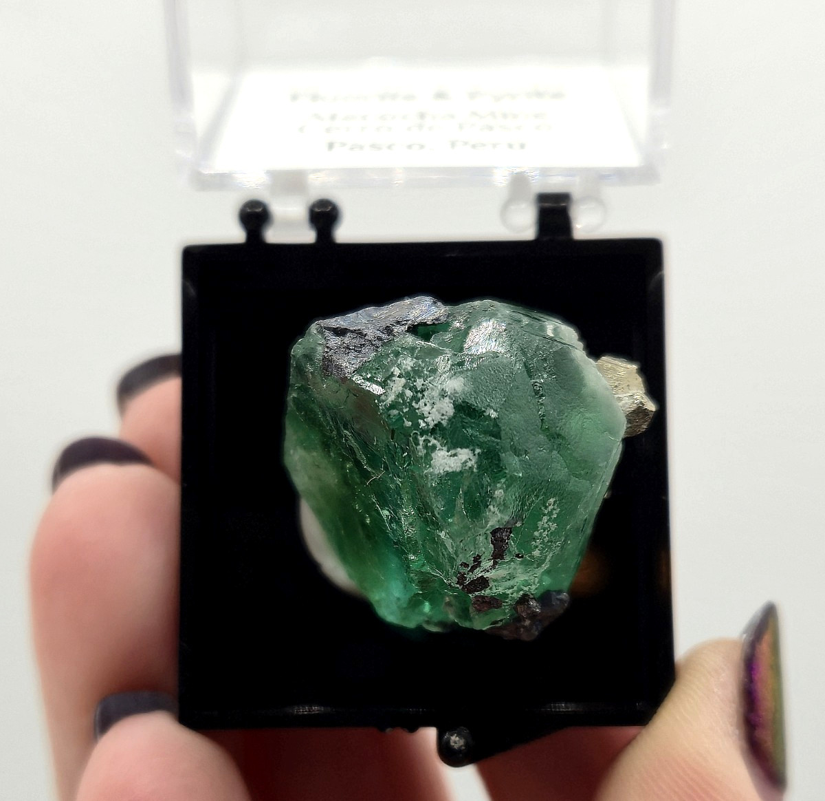 Juiced! Green Fluorite, Pyrite, Galena Thumbnail Specimen – Peru (laseal)