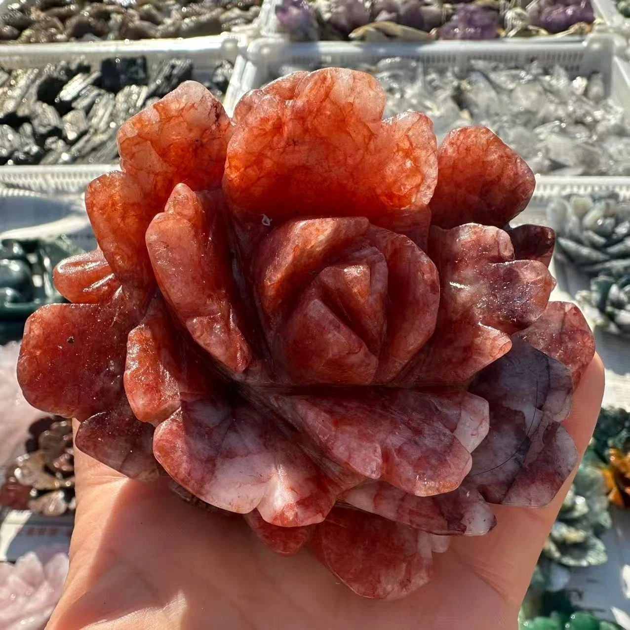 1PC Natural Red gum flower Quartz Carved Flower Skull Crystal Reiki Decor Gift
