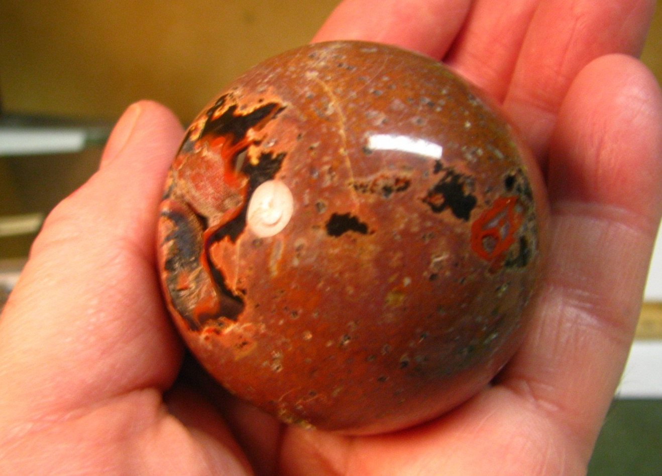 .43lb 2.15inch JASPER SPHERE RED & BLACK CHALCEDONY W/WOOD STAND MADAGASCAR #247