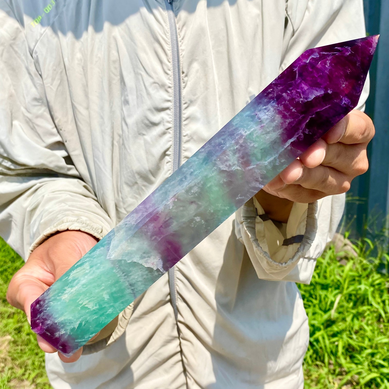2.62LB Natural Rainbow Fluorite Obelisk Quartz Crystal Wand Tower Point Healing