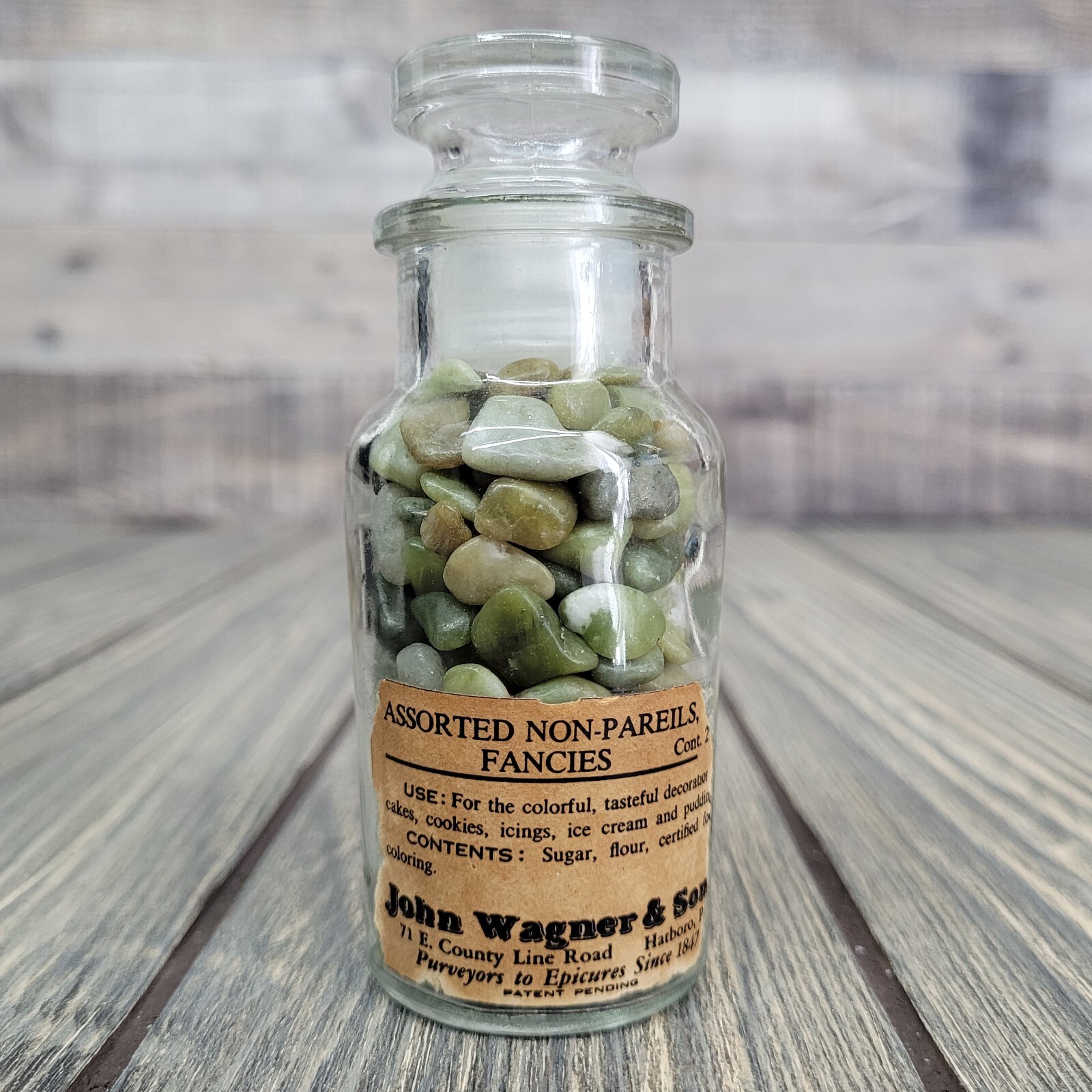 4oz Serpentine Crystal Tumbles in Vintage Apothecary Glass Jar “Fancies” Wagner