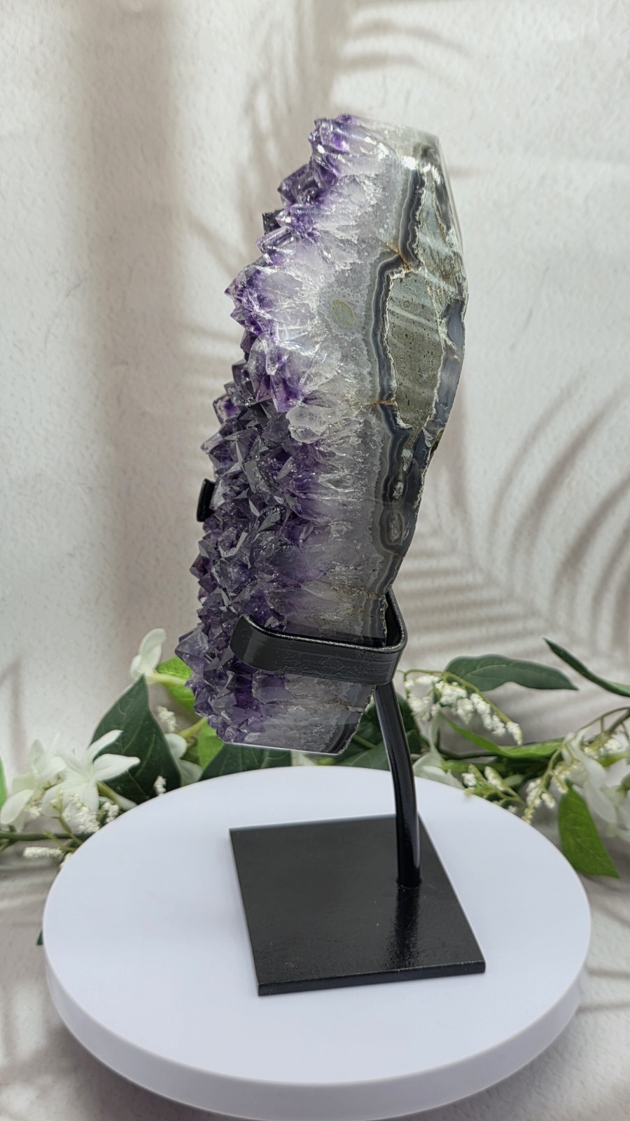 Large Uruguay Amethyst on Black Metal Stand Natural Purple Crystal Display