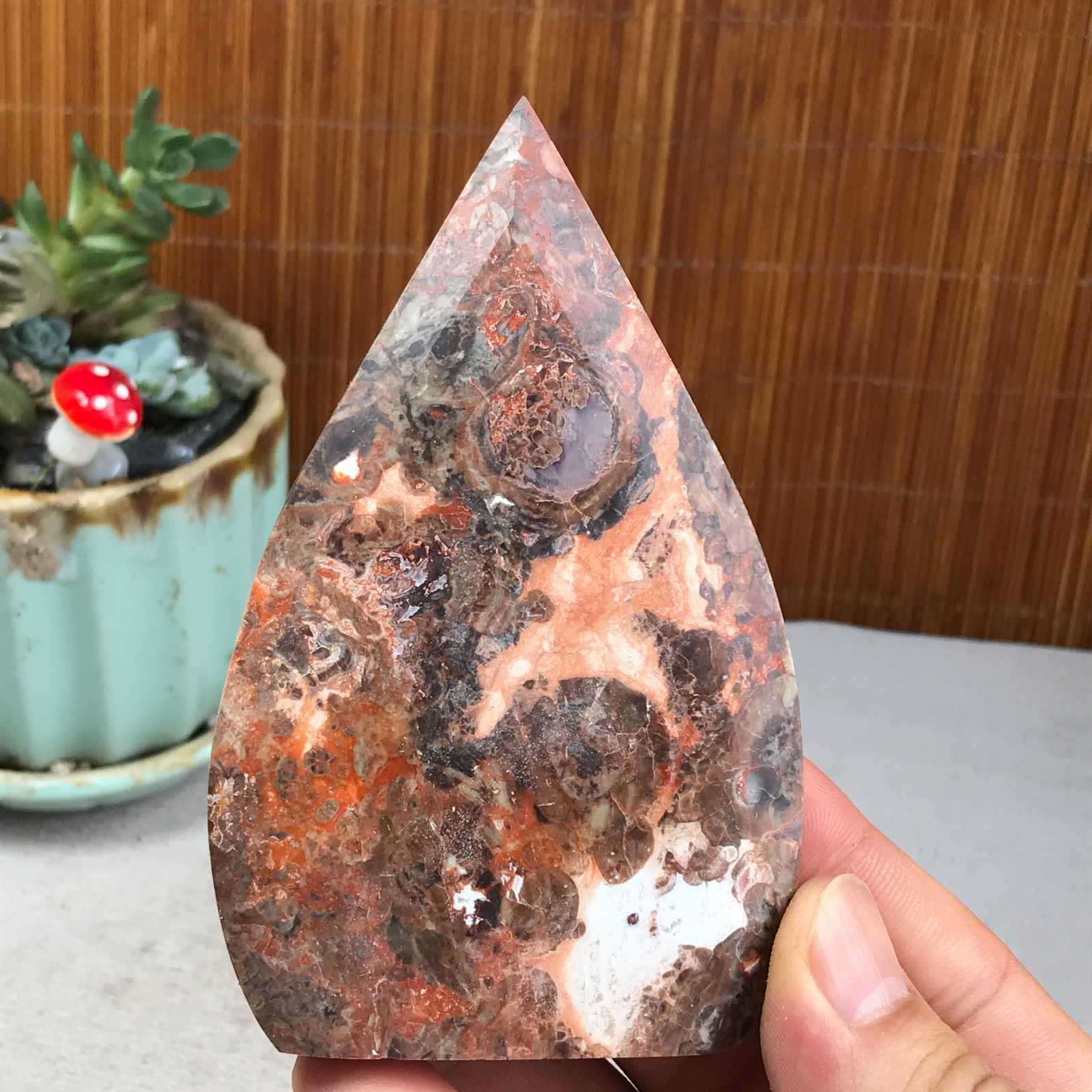 Natural money Mexico agate hand carve leaf Crystal Specimen free standing A6273