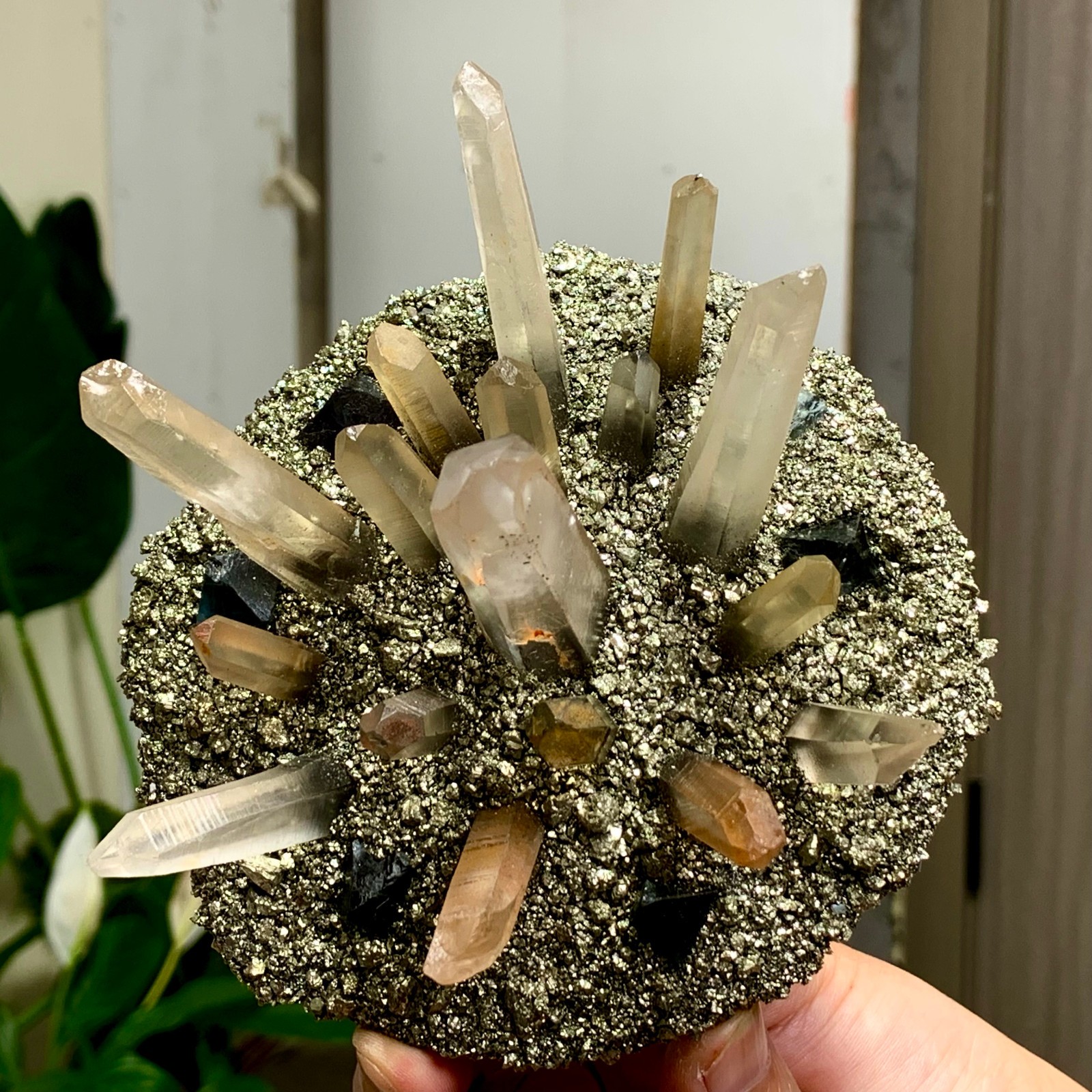 492G Coexistence of natural quartz and pyrite green fluorite crystal clusters
