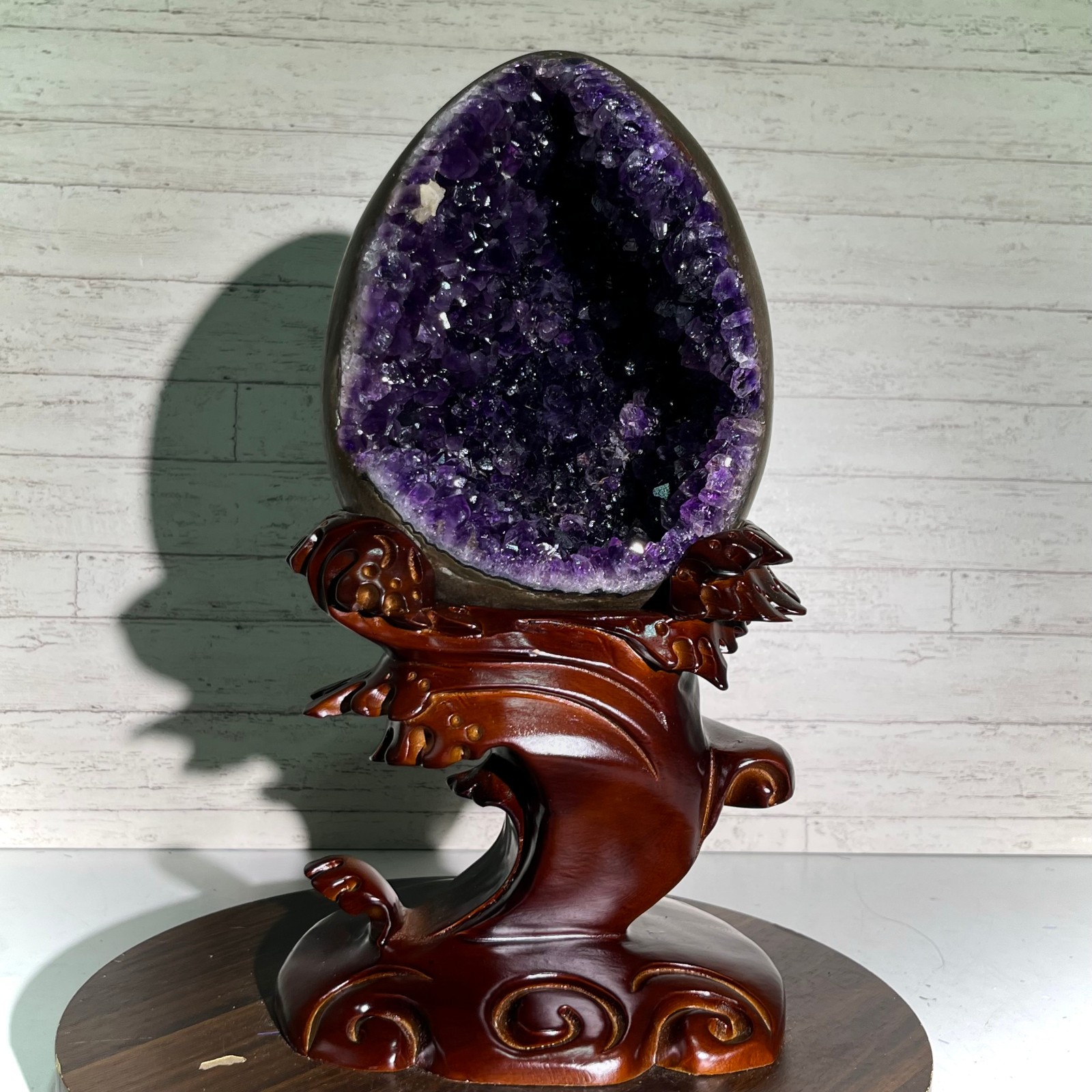 13.4 lb Amethyst Cluster Geode Dragon Egg Crystal w/ Wood Stand Mineral Specimen