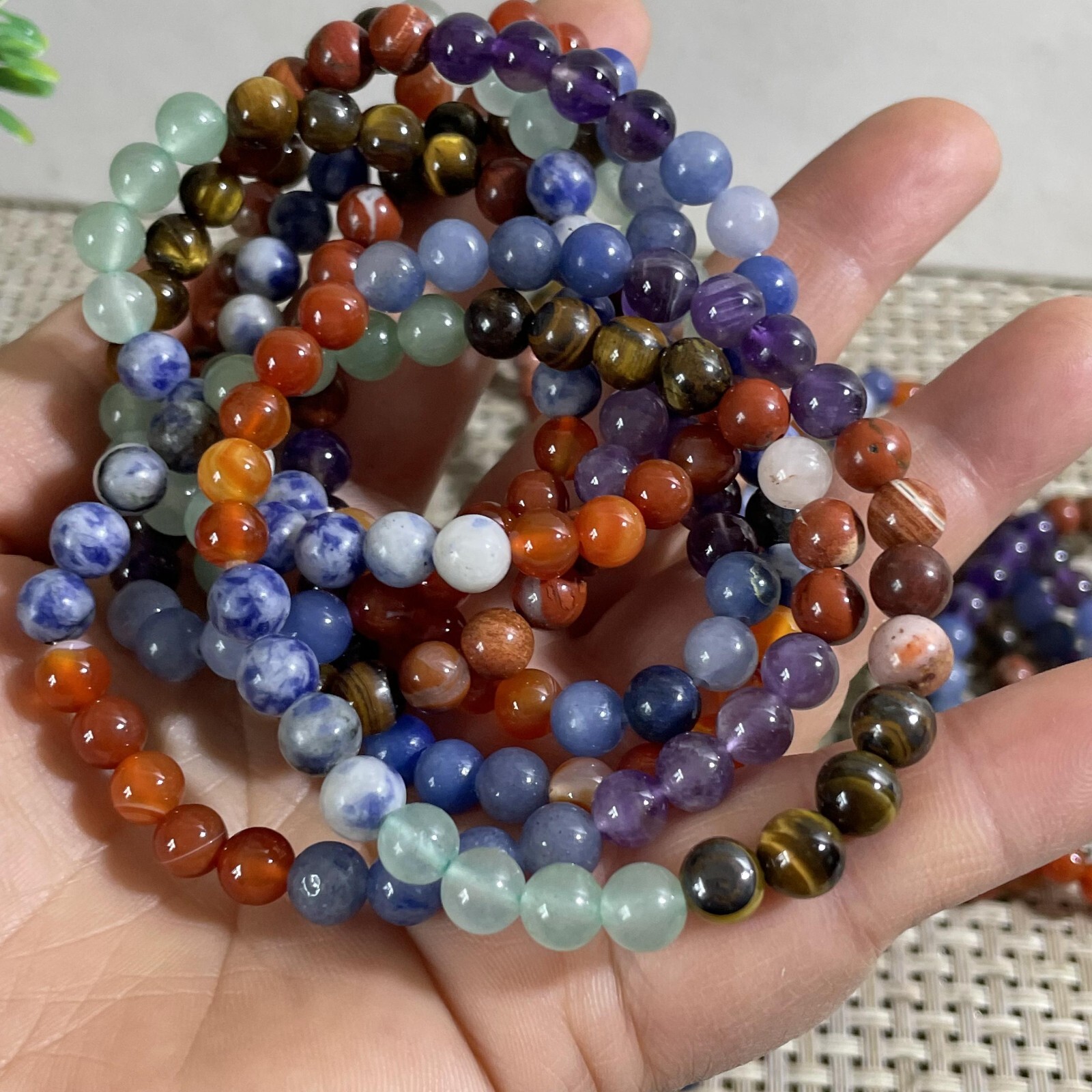 Wholesale 5 Pcs mixed gem stone 6mm Quartz Crystal Stretch Bracelet