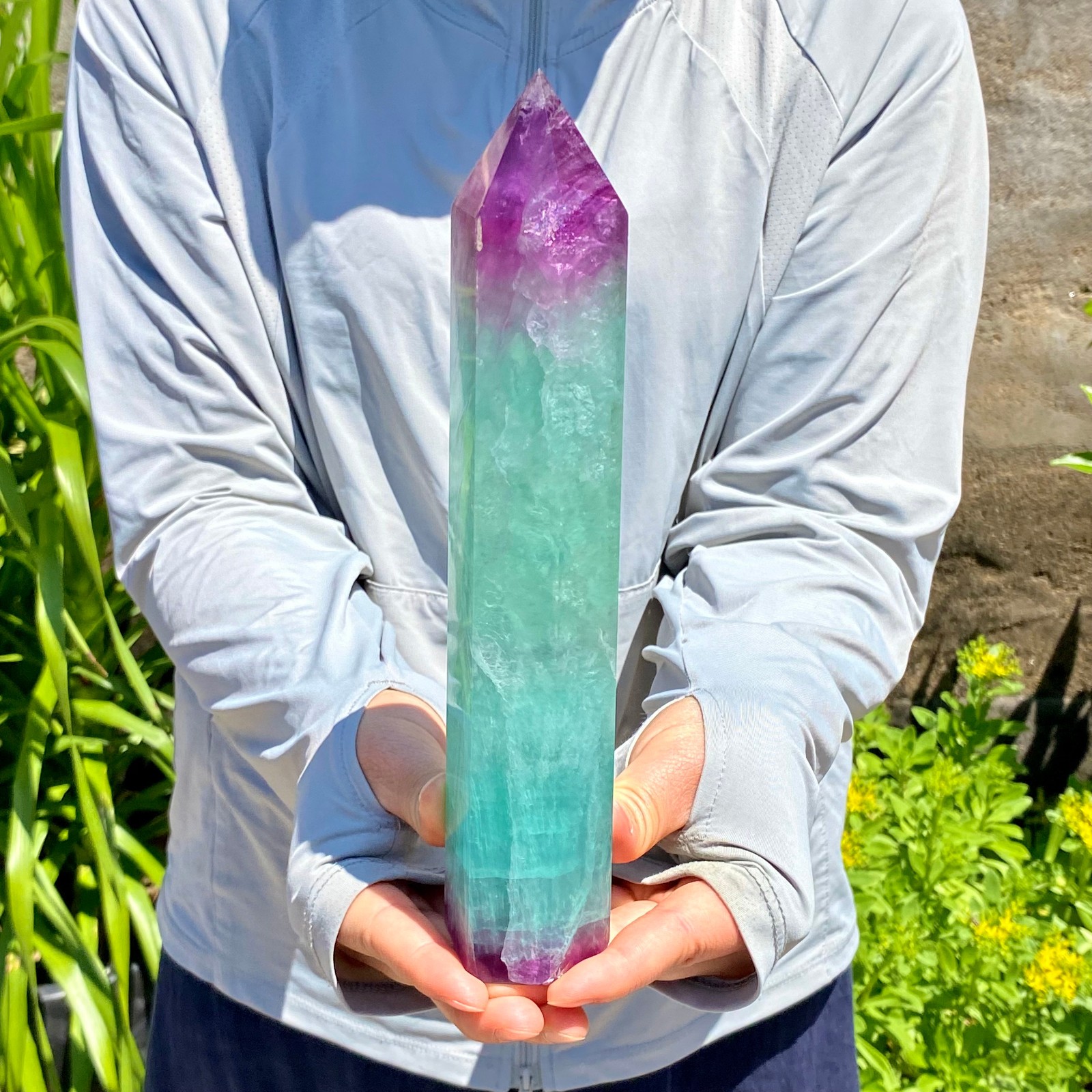 2.16LB Natural Rainbow Fluorite Obelisk Quartz Crystal Wand Tower Point Healing