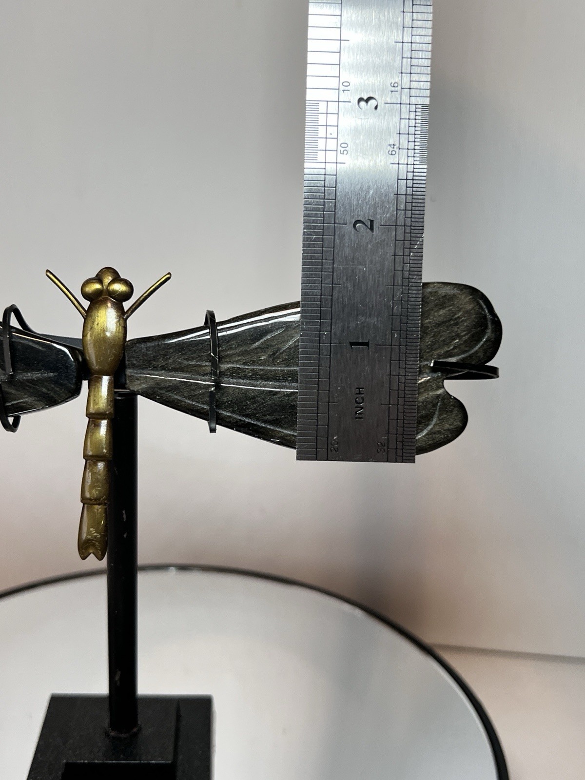 Golden Sheen Obsidian Dragon Fly Carving W/Holder – Measurements In Photos