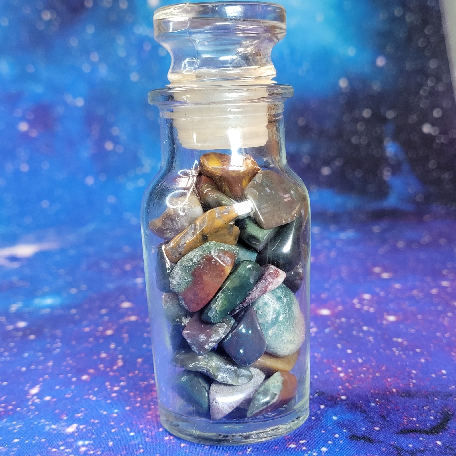 Ocean Jasper Natural Stone Tumbles in Vintage 4 oz Apothecary Glass Jar *Video*