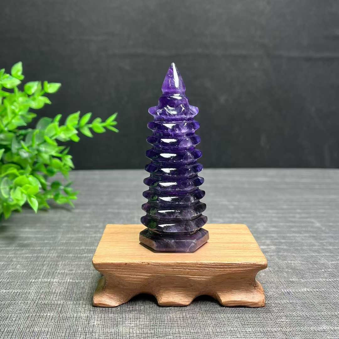 100g Natural Amethyst Quartz Pagoda Hand Carved Crystal Wenchang Tower
