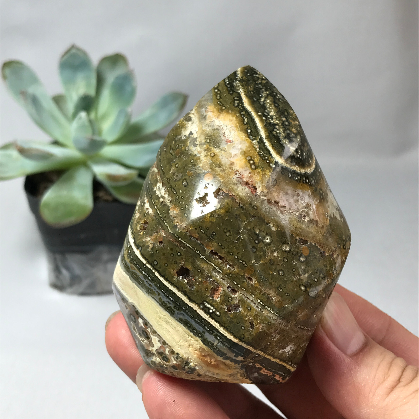 Natural Ocean Jasper torch Hand carve polish Crystal free standing 262g g6634