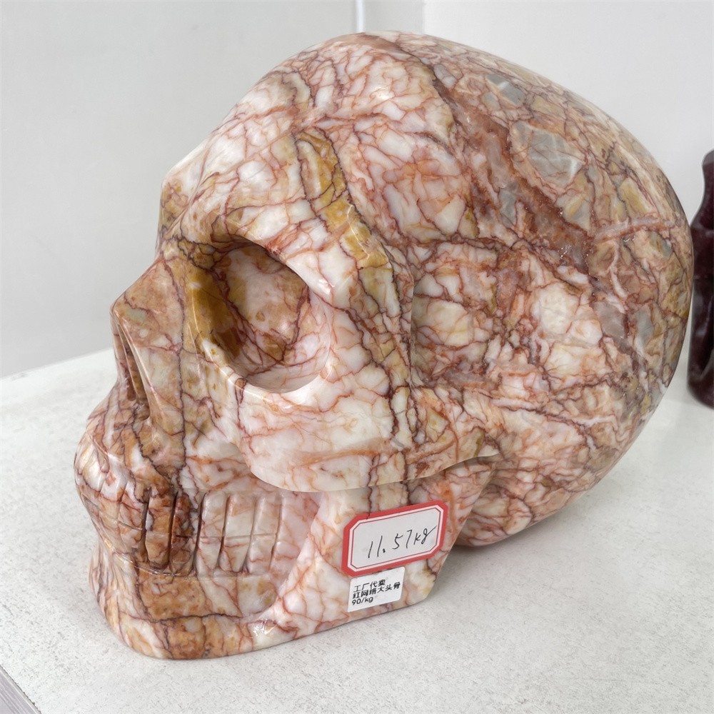 25.5LB 9″ Large Natural A++ Red Net Stone Skull Quartz Energy Statue Home Decor
