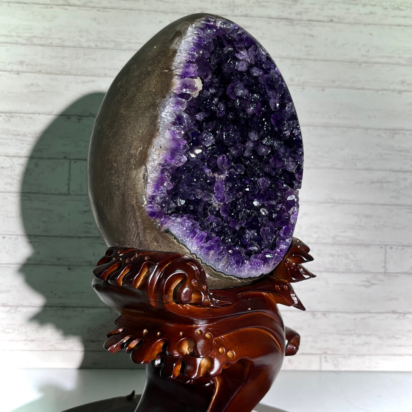 13.4 lb Amethyst Cluster Geode Dragon Egg Crystal w/ Wood Stand Mineral Specimen