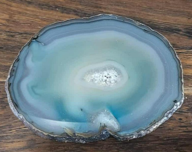 Blue Agate Geode Slice on Wooden Stand Brazil 3.75″ Natural Crystal Decor